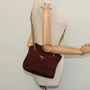 PRADA Chain Shoulder Bag Suede Brown Gold Auth